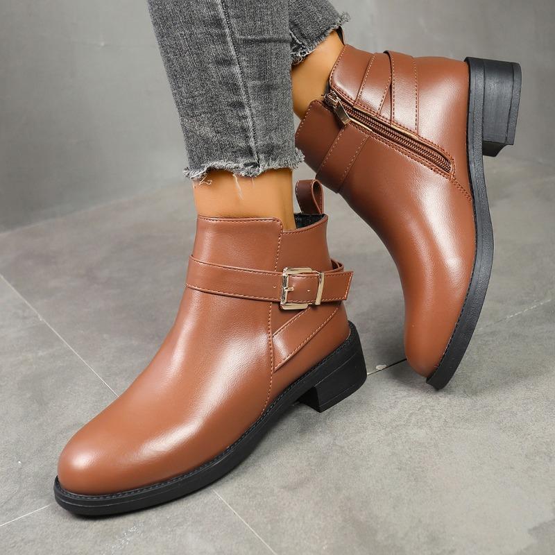 Supply Women's Round Head Low Heel Short Boots Belt Buckle Knight Boots