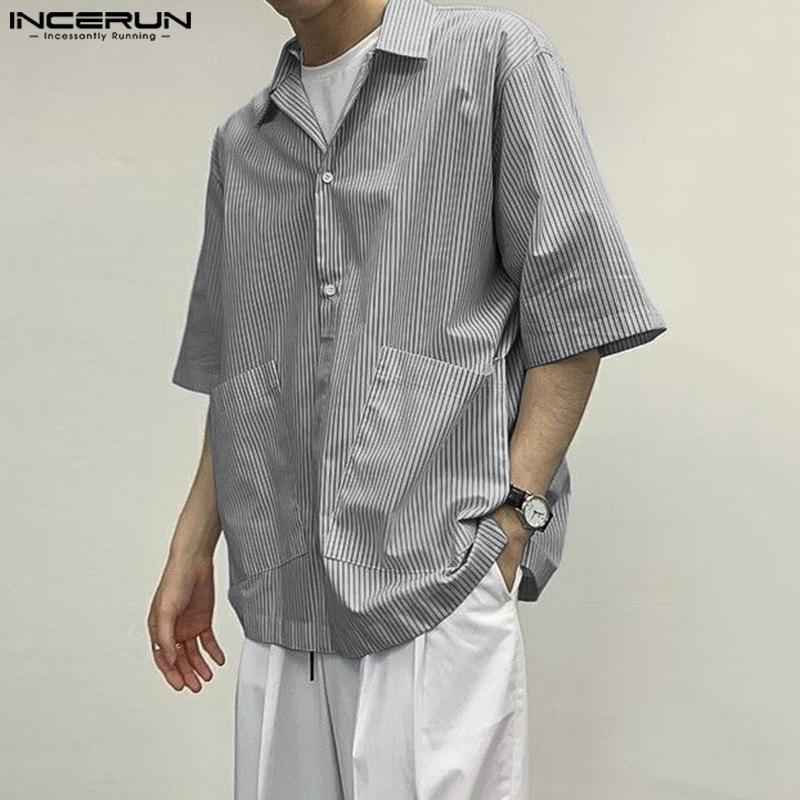 INCERUN Summer Men Lapel Neck Short Sleeve Striped Pockets Casual Oversized Shirts