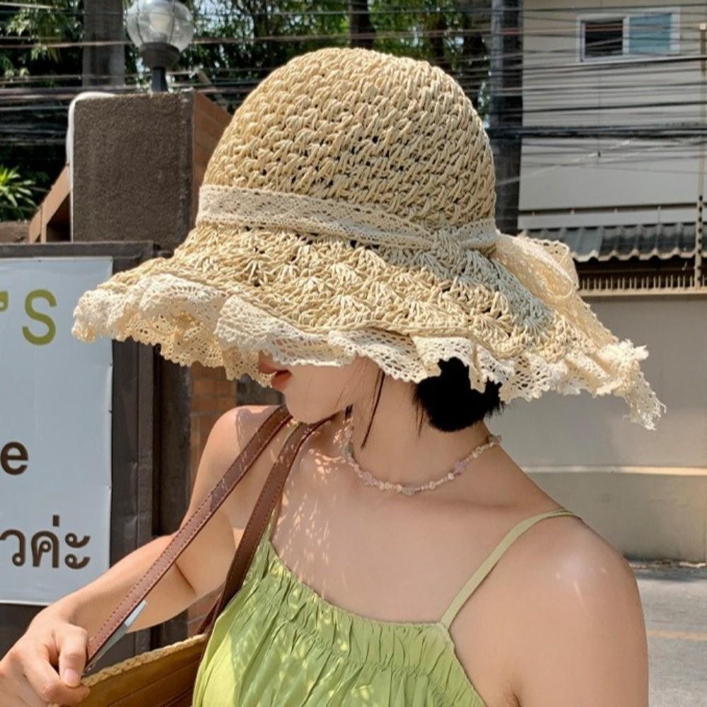 Lace Trim Sun Hat Foldable Beach Cap Elegant Summer Straw Hat  Travel