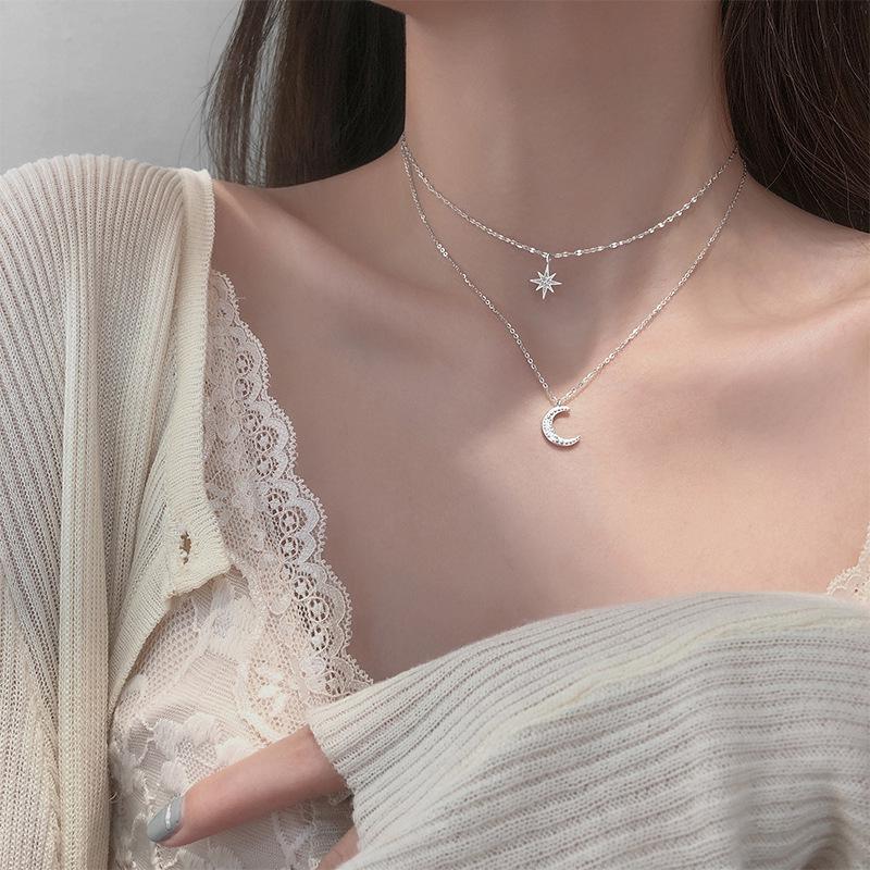 Korean Silver Diamond Star & Moon Double-Layer Necklace – Light Luxury, Unique Niche Design