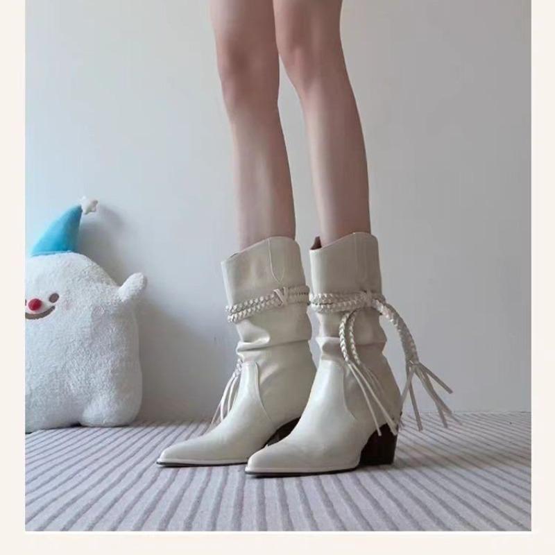 

Модные ретро сапоги-рыцари средней длины с кисточками 2025 Осень Новые сапоги на блочном каблуке для стройных женщин 42 бежевый