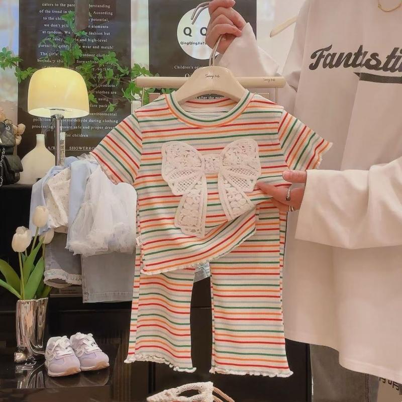 

Комплект одежды для девочек из 2 предметов, детские полосатые топы с короткими рукавами + брюки, костюм для малышей с бантом, летняя детская одежда 90 бежевый