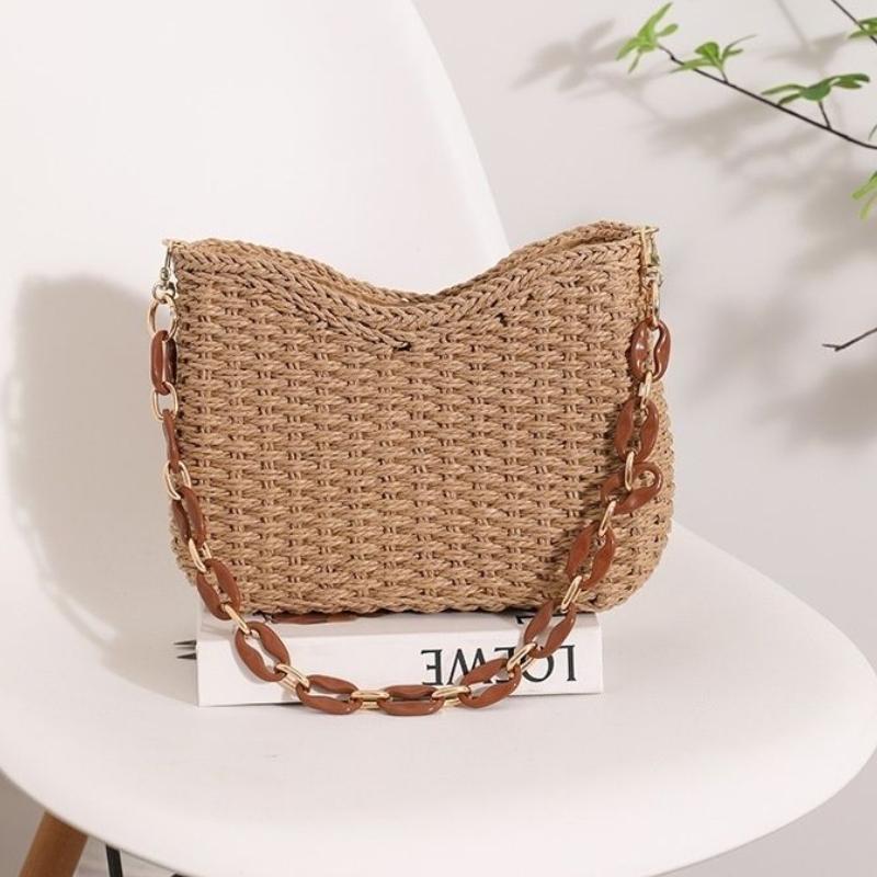 Summer Beach Vacation Straw Woven Bag for Women - Chain-Embellished Versatile Handheld Shoulder Bag