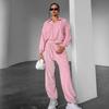 Womens Fall Winter Street Style 2-Piece Tracksuit Set Pink Polo Neck Top Velvet Pants