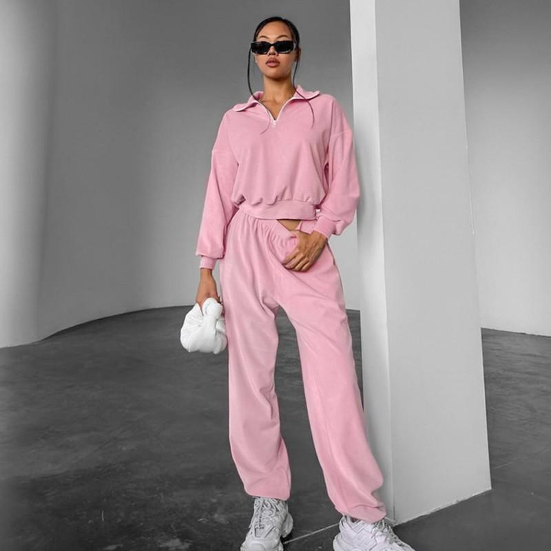 Womens Fall Winter Street Style 2-Piece Tracksuit Set Pink Polo Neck Top Velvet Pants