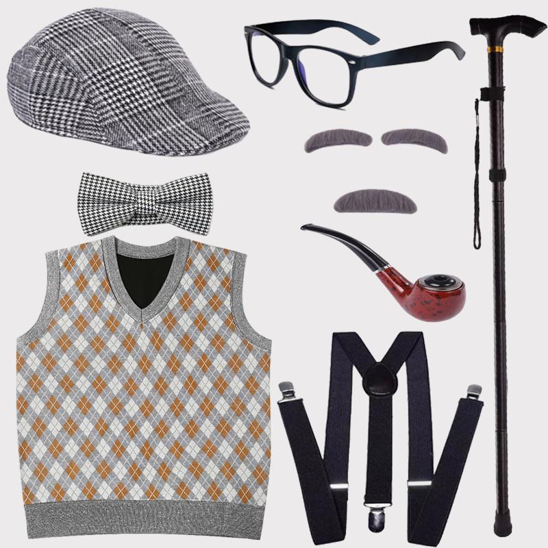 Grandfather Set Halloween Old Man Costume Set Grandpa Hat  Glasses Eyebrows Moustache for 100th Day of School