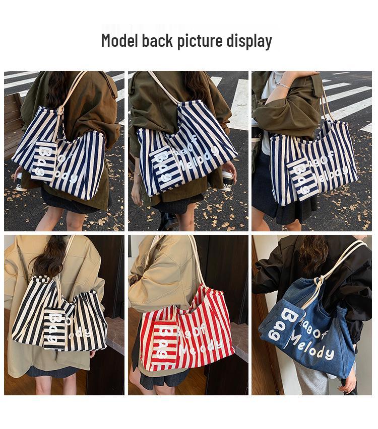 Canvas Striped Tote Bag - Women's College Style Handbag & Shoulder Bag