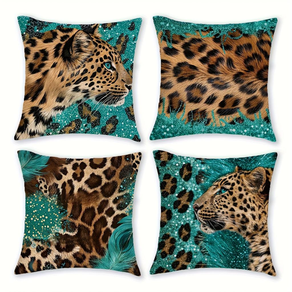 1/4 Stück Wildes Leopardenmuster Kissenbezüge Türkis Braun Safari Tier Dekorative Kissenbezüge für Zuhause Sofa Couch Kissenhülle
