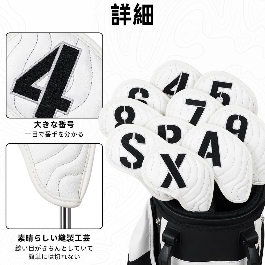 Set of 10 Golf Iron Covers, Magnetic Wedge Covers, and Club Headcovers (4-9, P, A, S, X) with White Synthetic Leather and Golf Course Pattern