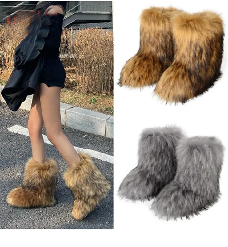 2026 Women Winter Faux Fur Boots Woman Fluffy Plush Warm Snow Boots Luxury Footwear Girls Furry Fur Bottes Fashion Winter Shoe