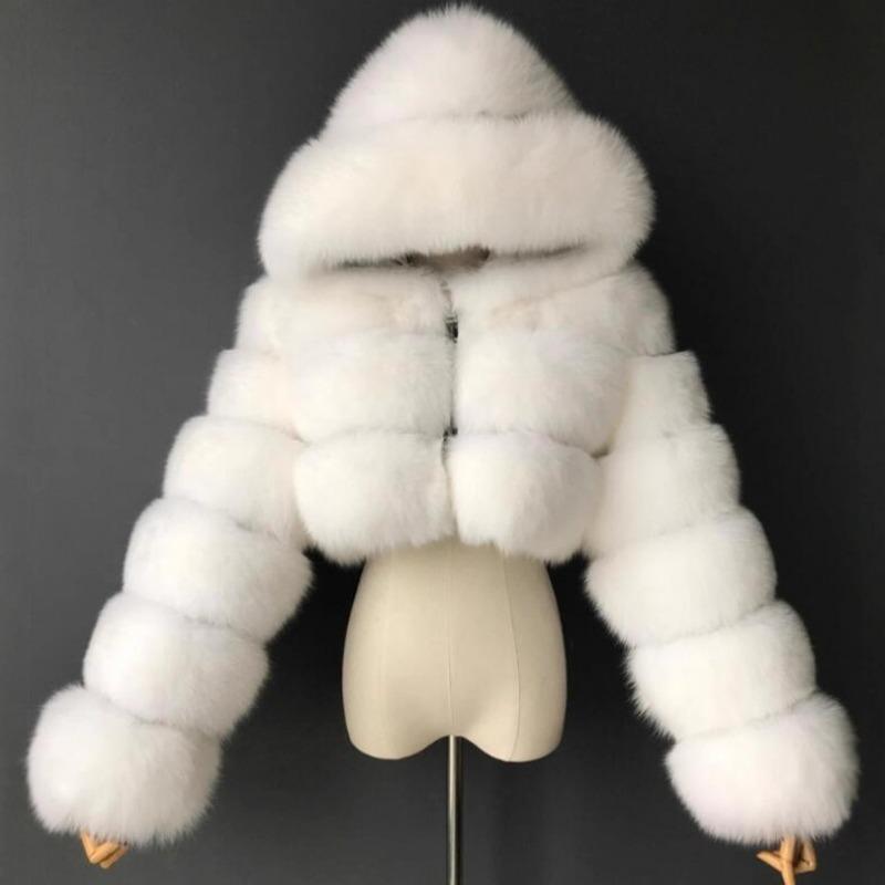 

Luxury Faux Fur Coat for Women Hooded Warm Casual Winter Outerwear S білий