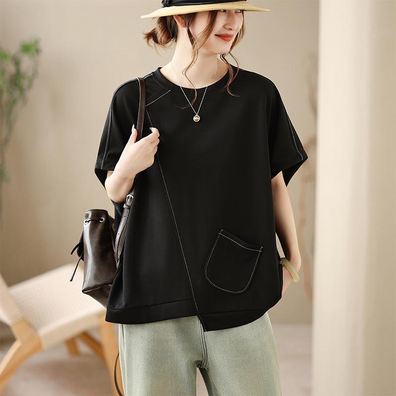 DIMANAF 2026 Plus Size Summer Women T-Shirts Casual Lady Tops Tunic Shirt Oversize Loose Tees Black Cotton