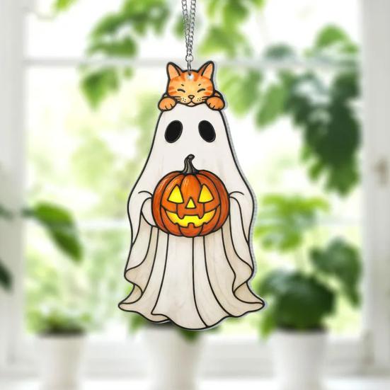 Cute Ghost Sun Catcher Ornament with Lanyard Easy to Hang Stained Glass Suncatcher Gothic Window Hanging Decoration