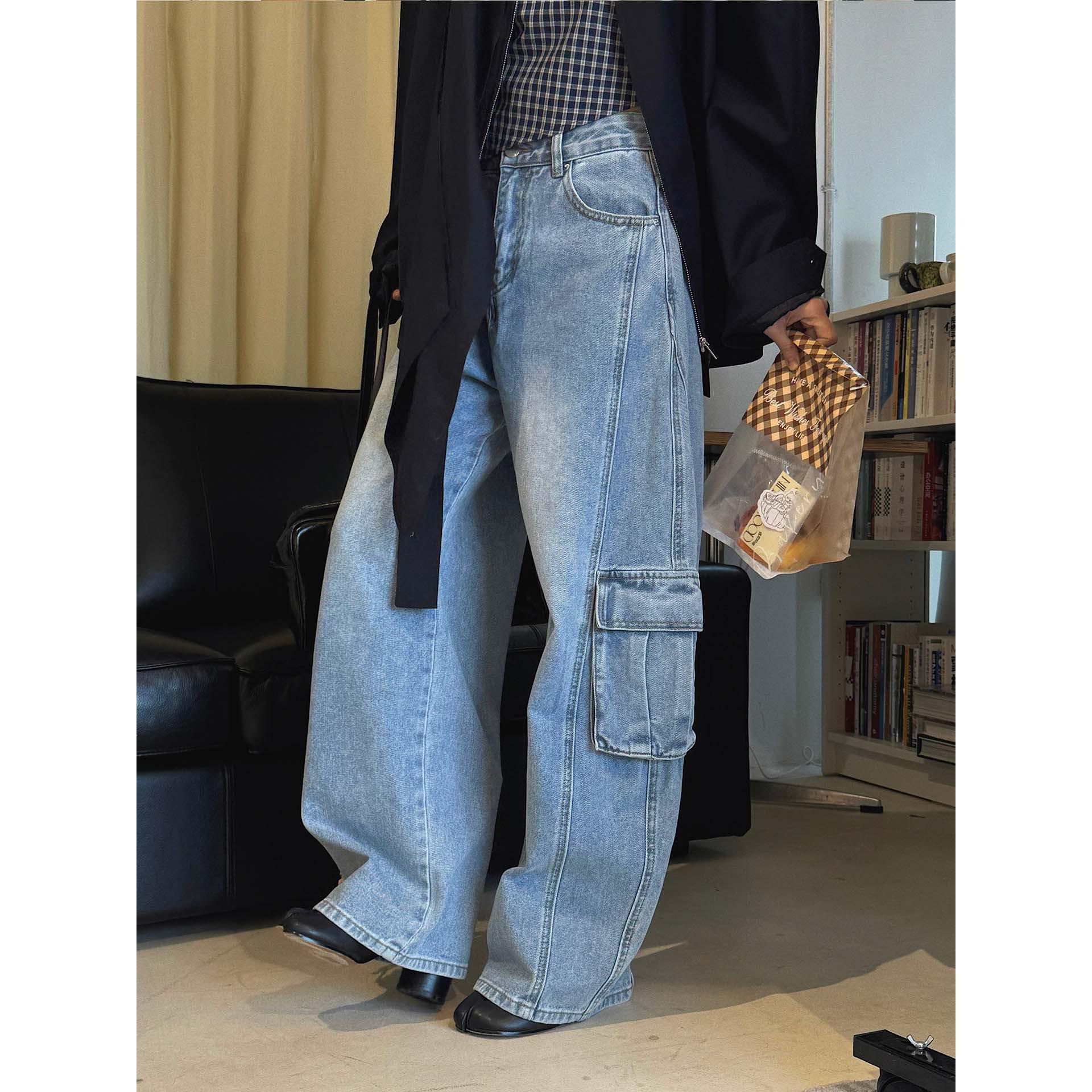 Women s Retro Workwear Patchwork Jeans – Loose, Washed, Symmetrical Pocket Design for Spring and Summer. Medium