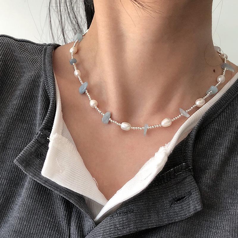Irregular Aquamarine and Freshwater Pearl S925 Sterling Silver Minimalist Necklace