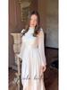 2025 European & American Style Women's Long White High-Neck Waist-Cinching Half-Sleeve Dress