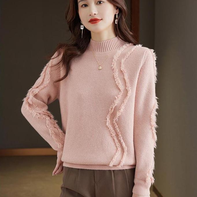 Half Turtleneck Sweater for Women Solid Color Tassel Pullover Fashionable and Casual Loose Knitted Sweater for Women In Autumn and Winter