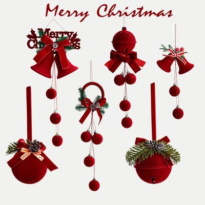 Popular Nordic Red Flocking Christmas Bell Ornaments for Tree and Shop Window Decoration
