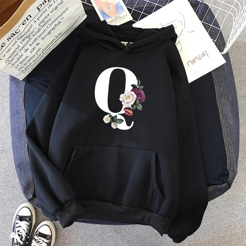 Hot Sales Womens Hoodies Casual Letters A-Z Printing Sweatshirts Sportswear Outdoors Sports Jogging Woman Clothing Black Tops
