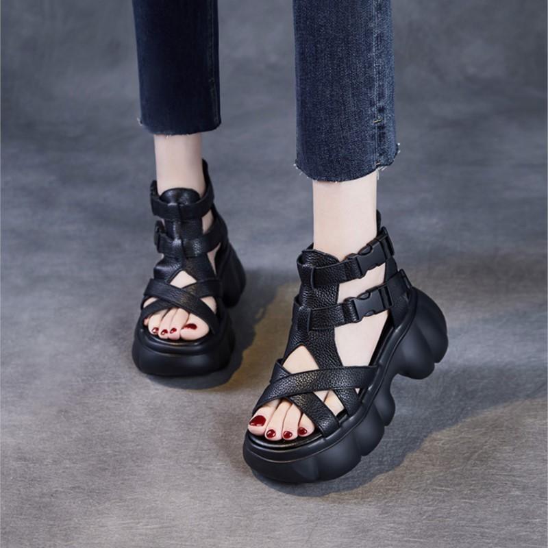 Johnature Natūralios odos sandalai storais padais, aukštinantys, storakulniai, romaniško stiliaus platforminiai moteriški batai