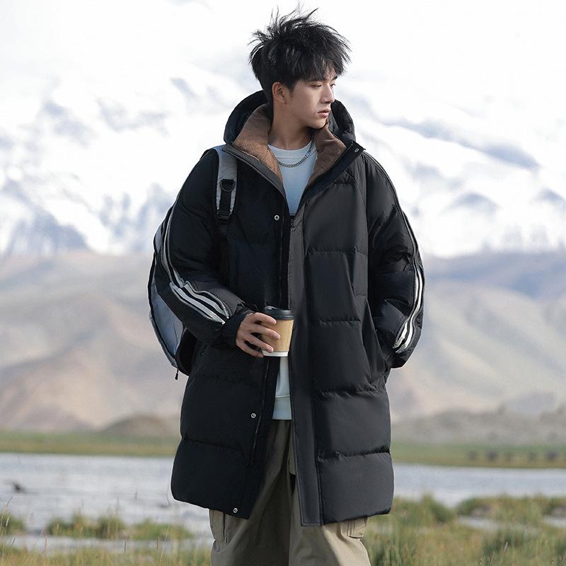 

Winter mid-length thickened down jacket men s casual versatile sports white duck down couple hooded men s jacket M