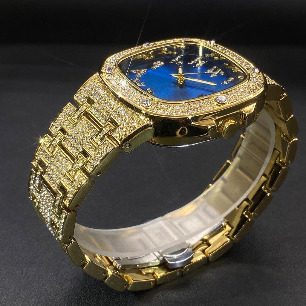 Luxury Diamond Watch for Men Hip Hop Style Bling Iced Out Wristwatch Fashion Square Steel Waterproof Clock