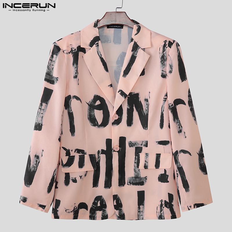 INCERUN Oversized Men Lapel Neck Long Sleeve Print Casual Loose Thin Blazer Coats