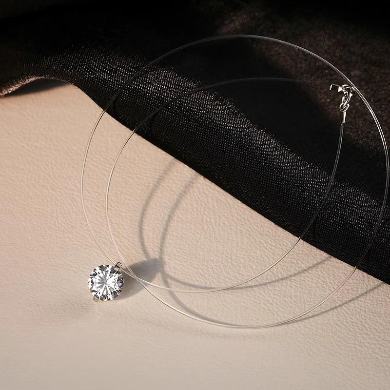 Transparent Fishline Diamond Pendant for Women, Invisible Necklace with Large Drop-shaped Zircon, Clasp Chain for Collarbone, Mermaid Tear Necklace
