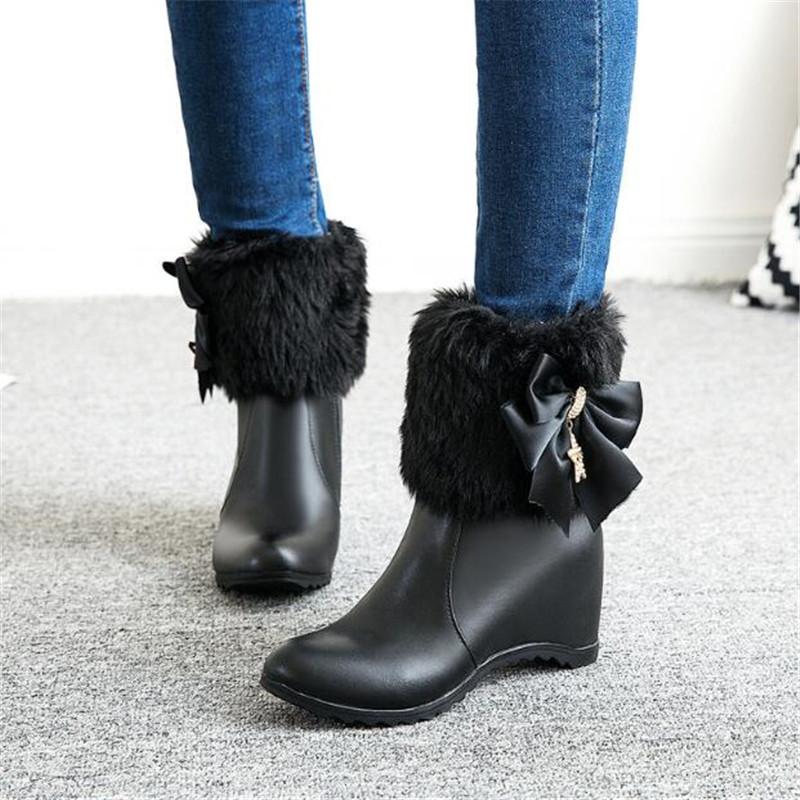 Fashion Women Boots Wedges Lolita Shoes Bowknot Diamond Women Cosplay Girls Princess Winter Ankle Boots Pink White Black 34-43
