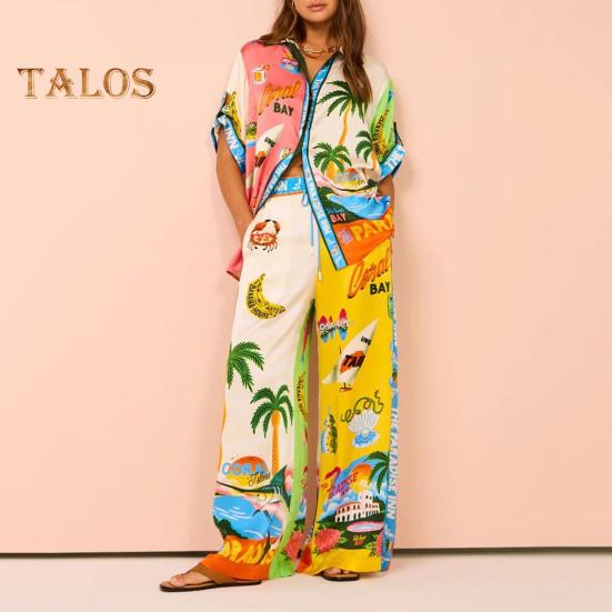 2 Pcs/Set Women Shirt Pants Set Hawaii Vacation Style Colorful Print Single-breasted Short Sleeve Lapel Top High Elastic Waist Wide Leg Trousers
