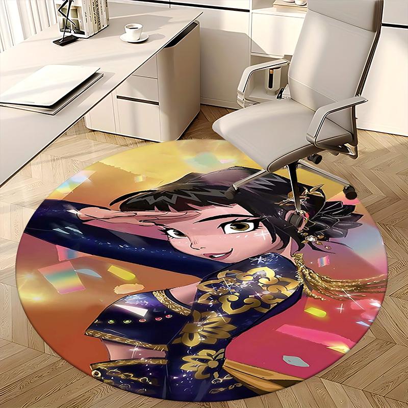 1pc Anime Design Round Carpet - Office Chair Mat with Golden Floral Pattern, Non-Slip Rug for Home Decor