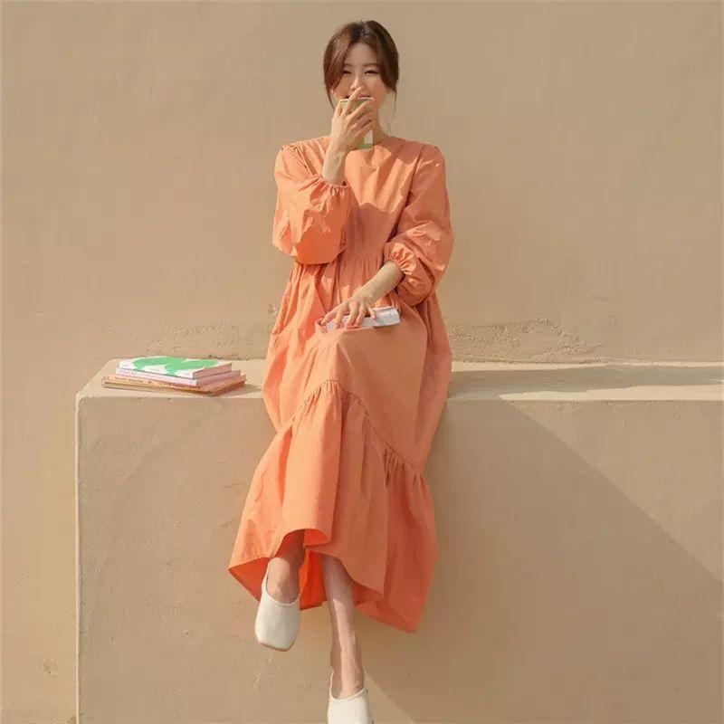 Lantern Sleeve Ruffled Long Sleeve Dress Spring Autumn Loose Fit Tummy-Hiding Slimming Maxi Dress
