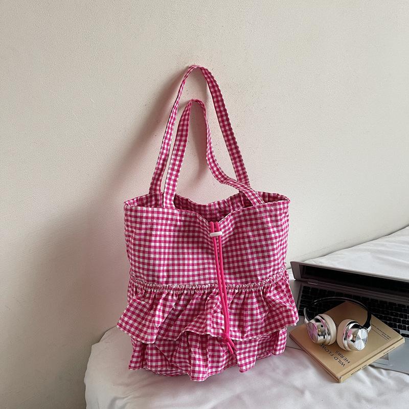 Across Cute College Style Plaid Canvas Bag Women's New Large Capacity Lace Tote Bag
