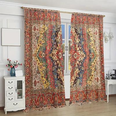 Boho Jit Retro Floral Print Curtain Polyester Home Decor Curtains Light Blocking Set Of 2 Made With Rod Pocket