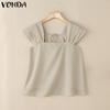 VONDA Women Square Collar Casual Pleated Short Sleeve Blouse Tops