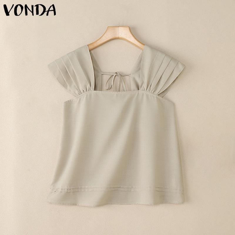 VONDA Women Square Collar Casual Pleated Short Sleeve Blouse Tops
