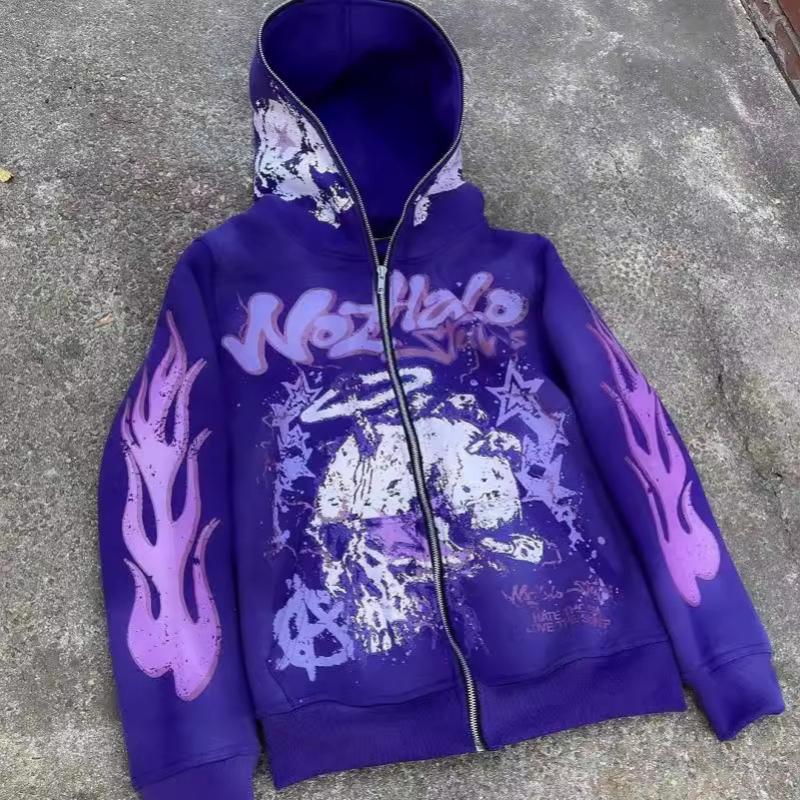 European and American Y2K Retro Harajuku Street Dark Hip-hop High Street Cartoon Printed Zipper Loose Hoodie