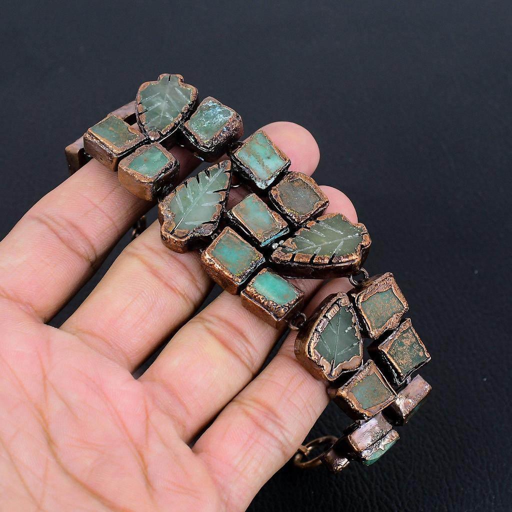 Carved Leaf Green Onyx Bracelet, Copper Electroformed Gemstone Jewelry, Handmade Bracelet For Mother Day