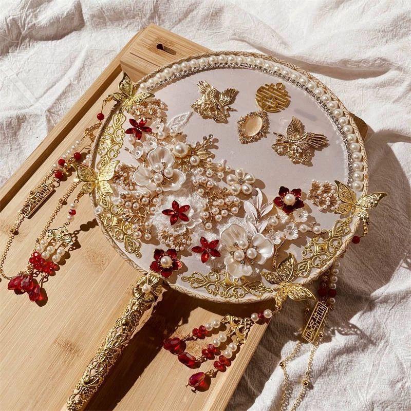 Handmade Bridal Xiuhe Wedding Fan - Red Champagne Gift