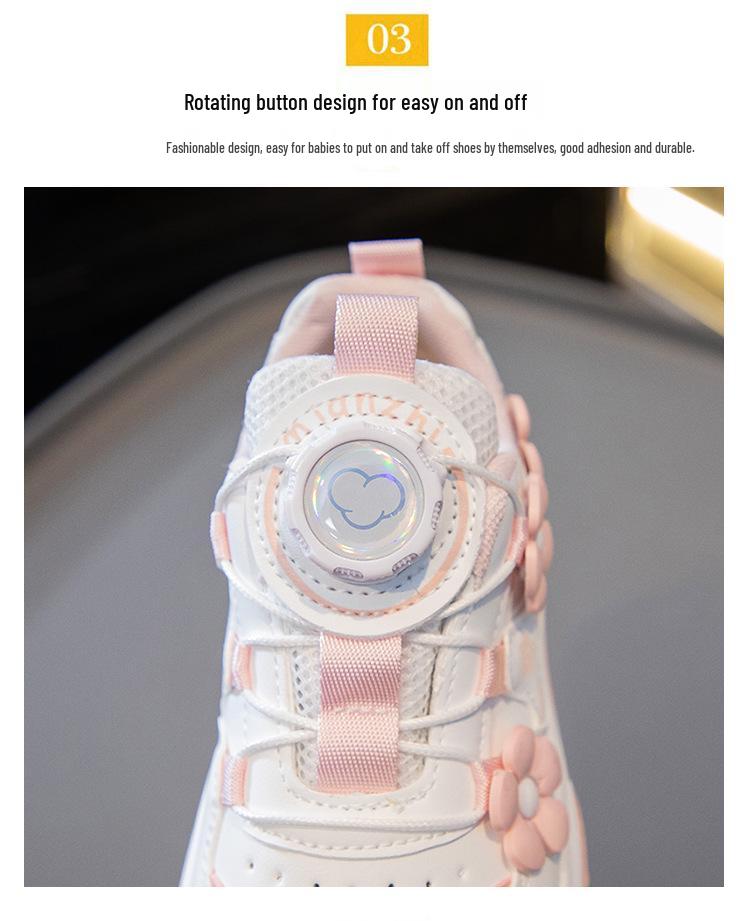 2026 Spring Floral Girls' Skate Shoes with Rotating Button - Fashionable White Sports Sneakers