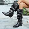 Fashion Fashion Wide Leg Cowboy Boots for Women 2025 Autumn PU leather Knee High Boots Woman Buckle Strap Chunky Heel Riding Botas Mujer
