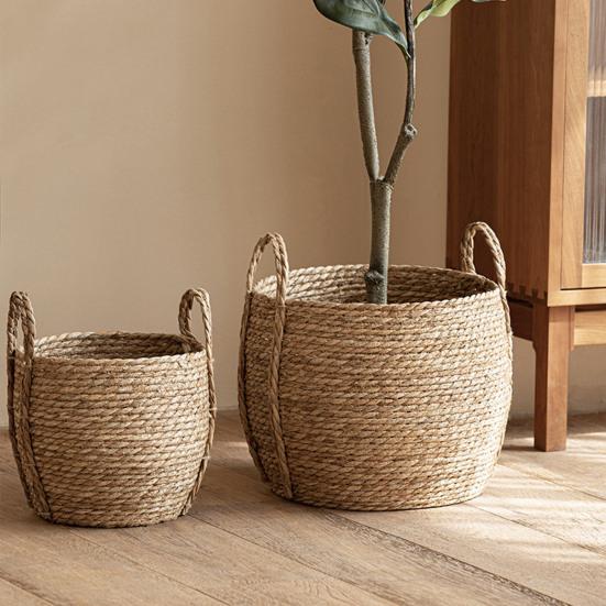 Round Wicker Planter Basket with Handles Indoor Outdoor Plants Rattan Woven Planter Pot Home Living Room Balcony Garden Decorative Flower Pot