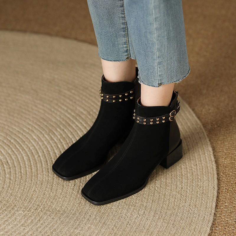 Fashion 2024 Winter Fashion Ankle Women's Boots Brand Modern Boots Women Sewing Rivet Buckle Square Toe Med Heel Back Zip Shoes Female