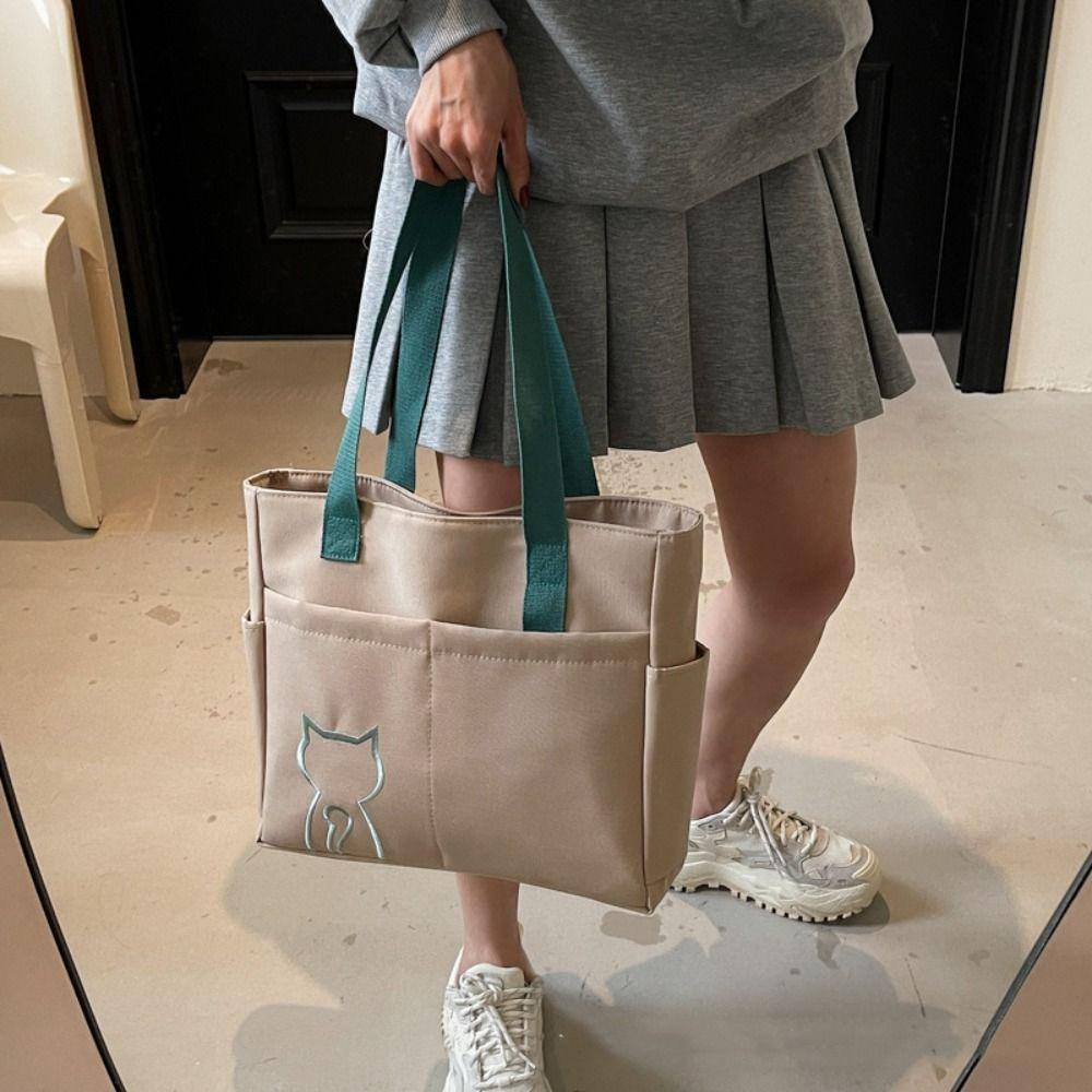 Multi-Pocket Nylon Tote Bag Embroidery Cat Nylon Shoulder Bag Lightweight Eco Bag Outdoor