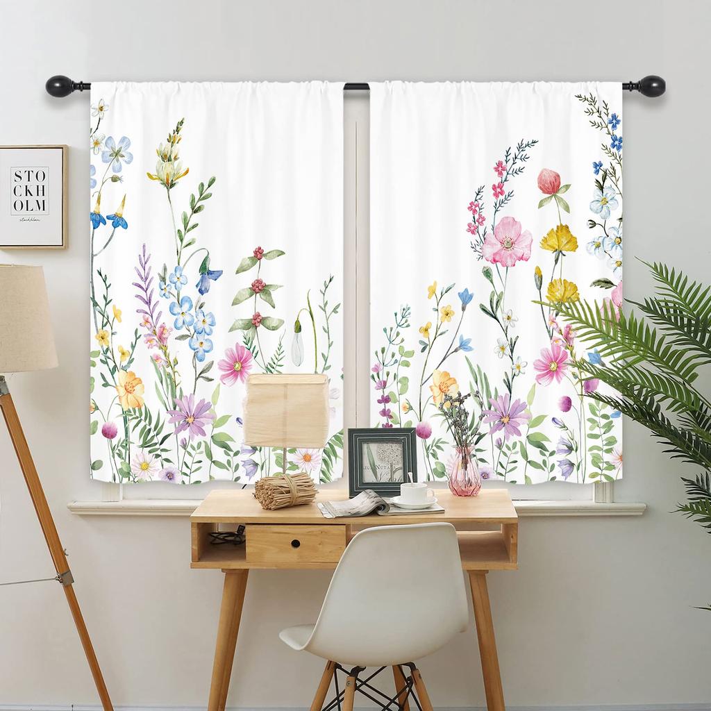 2 Panels Floral Curtains Wildflower Rod Pocket Colorful Leaves Spring Nature Rustic Bedroom Living Room Treatment Fabric