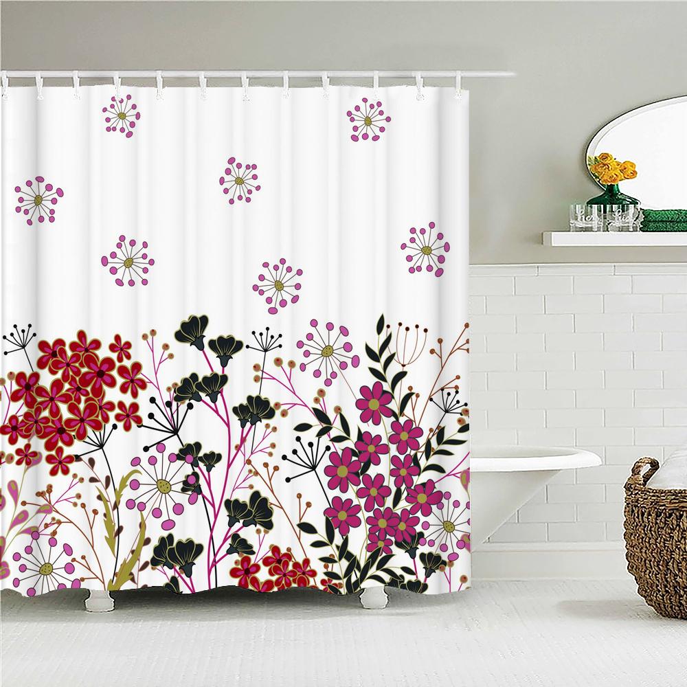 High Quality Blue Fresh leaf Printed Fabric Shower Curtain Plant Leaves Bath Screen Waterproof Bathroom Decor with Hooks