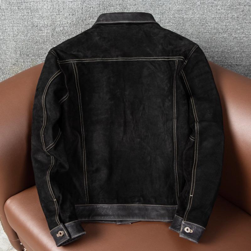 Genuine Suede Leather Jacket for Men Stylish Slim Fit Short Coat with Lapel Collar Autumn Winter Outerwear