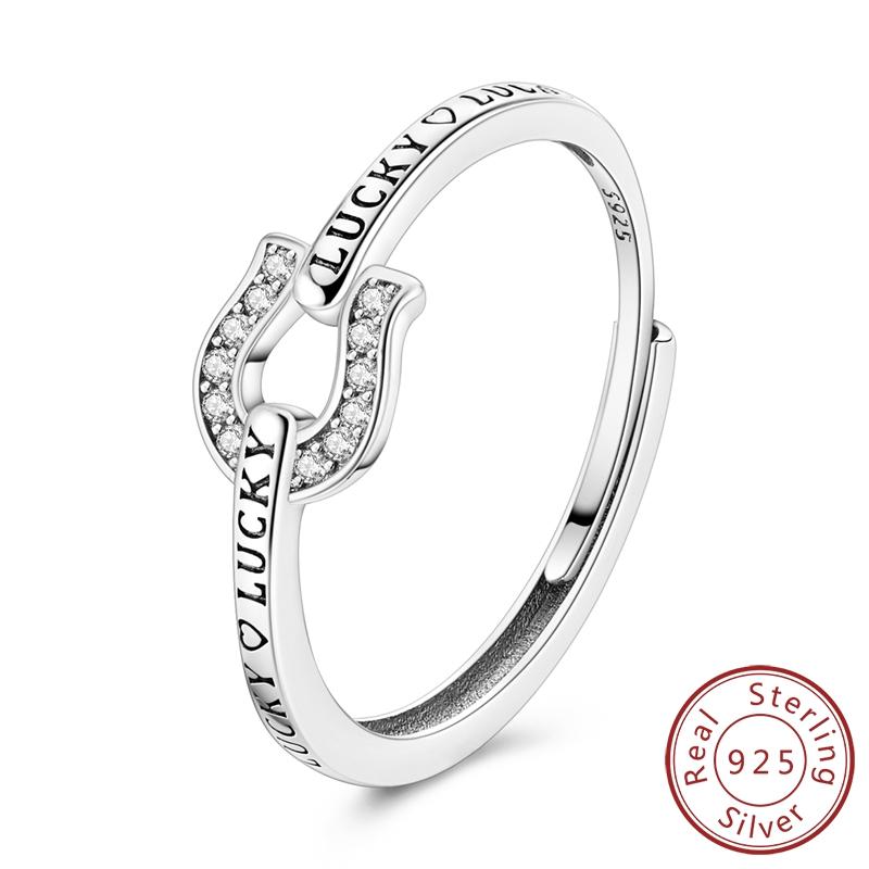 Original Real 925 Sterling Silver Horseshoe Ring Lucky Ring Adjustable Size Open Ring For Women Wedding Jewelry Gift