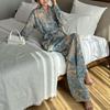 New Spring/Summer Fashion French Floral Printed Long Sleeve Tie Waist Shirt High-Waisted Wide Leg Pants Women