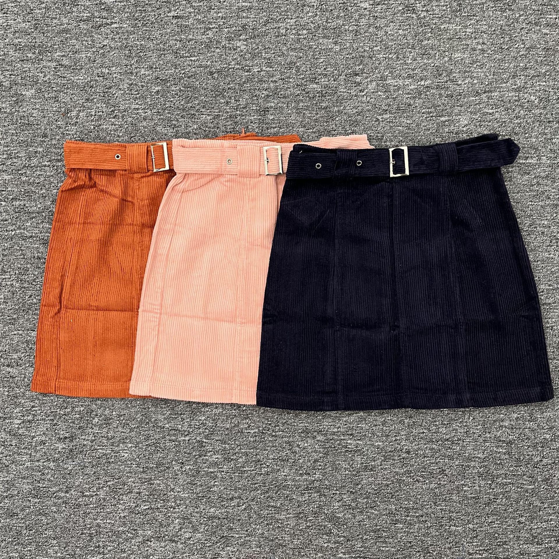 

2024 Autumn/Winter Women s Slim A-line Corduroy Mini Skirt with Belt Small оранжевый